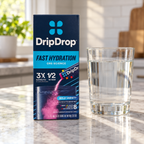 AI-generated illustrative scene of the closed DripDrop Bold Variety Electrolyte Drink Mix, 8 x 10 g Sticks package on a kitchen counter beside plain water.