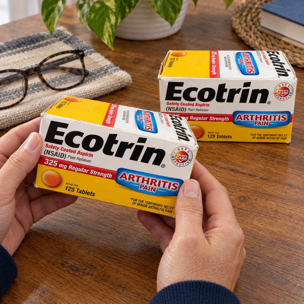 Adult hands holding one Ecotrin 325 mg aspirin carton to inspect its front label, with the second carton beside it.