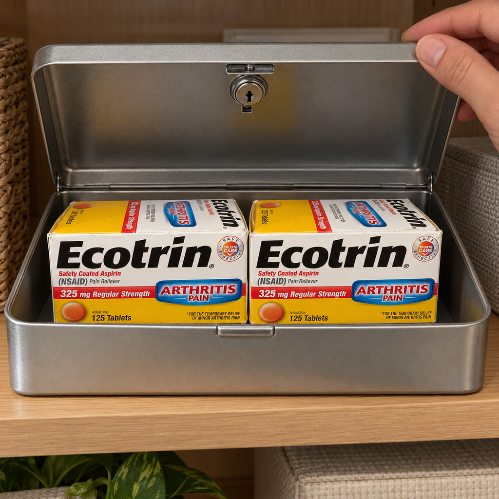Two closed Ecotrin aspirin cartons in an open lockable storage box on a dry cabinet shelf.