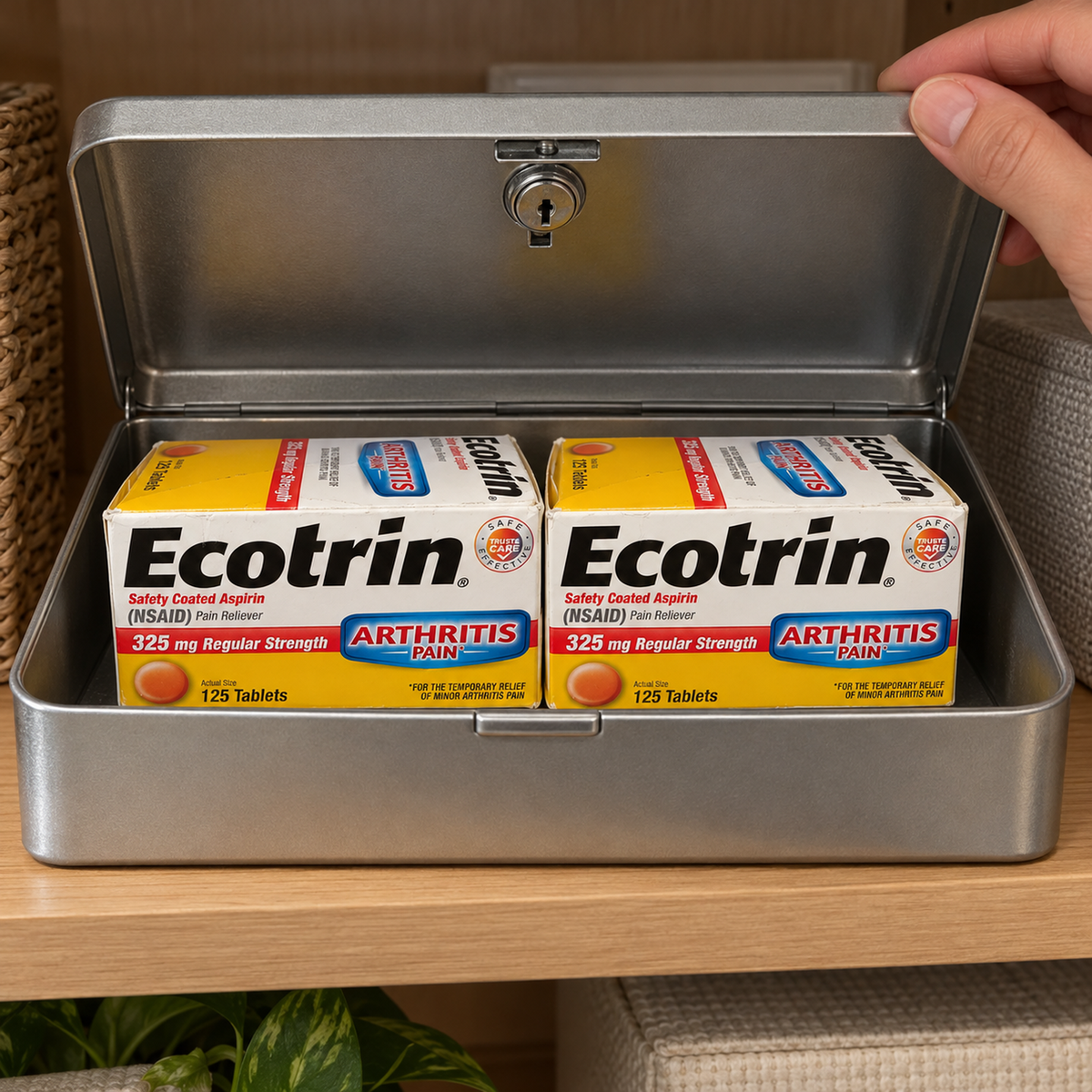 Two closed Ecotrin aspirin cartons in an open lockable storage box on a dry cabinet shelf.