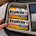 Two Ecotrin 325 mg aspirin cartons kept in their original packaging inside an open travel organizer.
