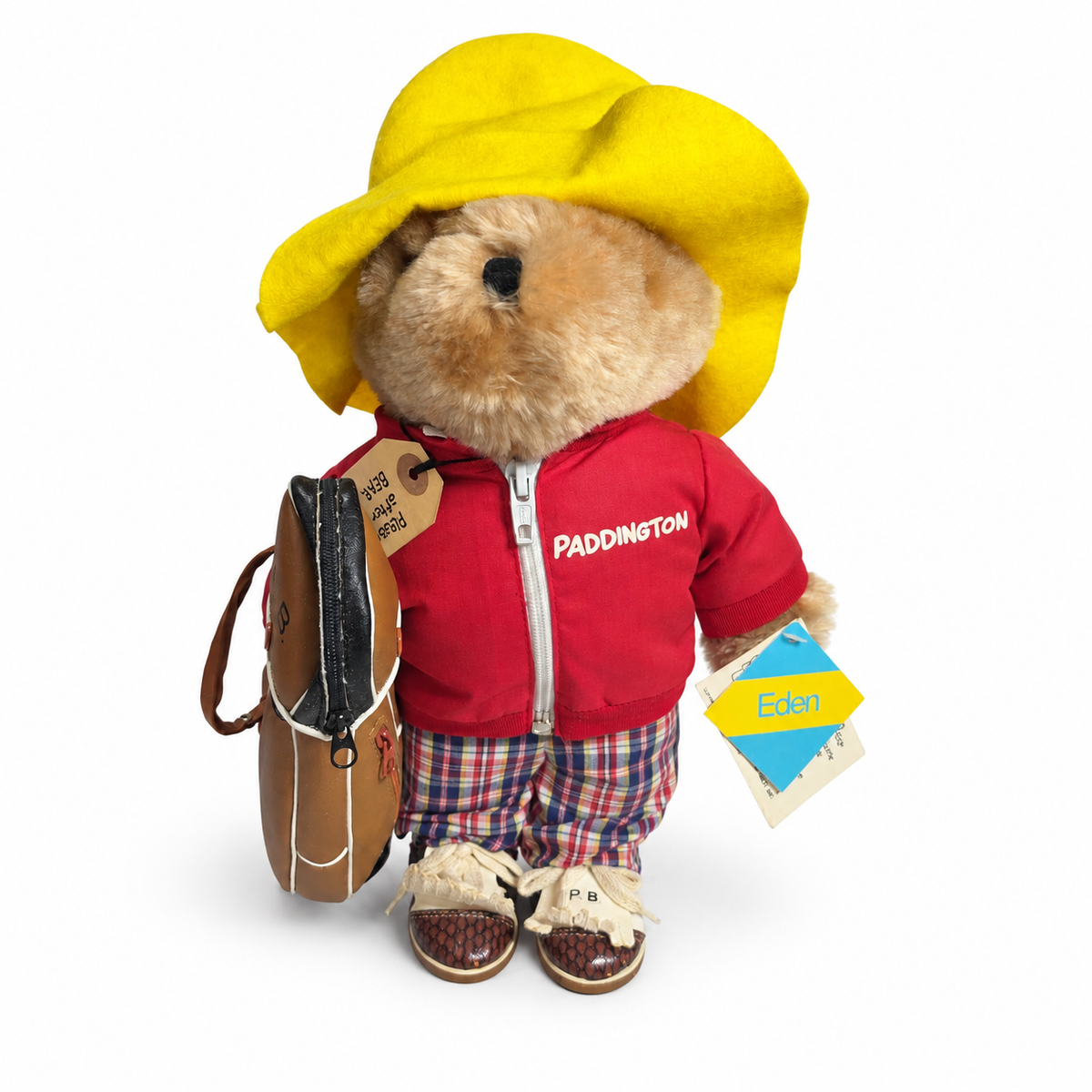 Eden Paddington golfer bear with yellow hat, red jacket, golf bag and original tags
