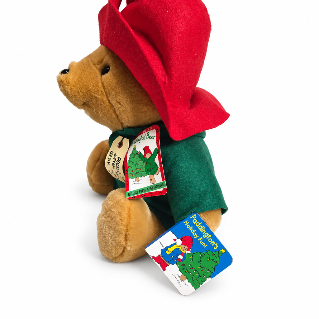 Side view of Eden Paddington holiday bear showing attached Holiday Fun board book