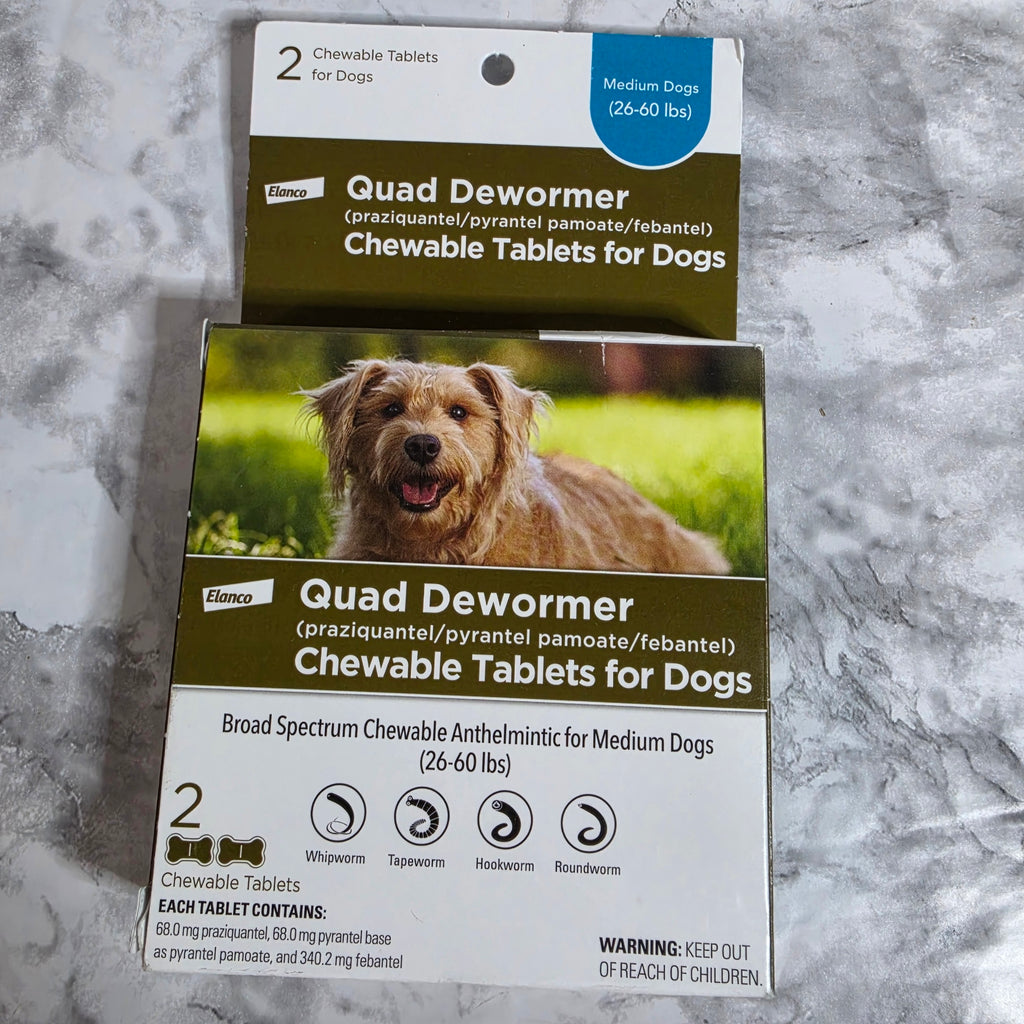 Actual Elanco Quad Dewormer box for medium dogs, 26 to 60 pounds, containing two chewable tablets
