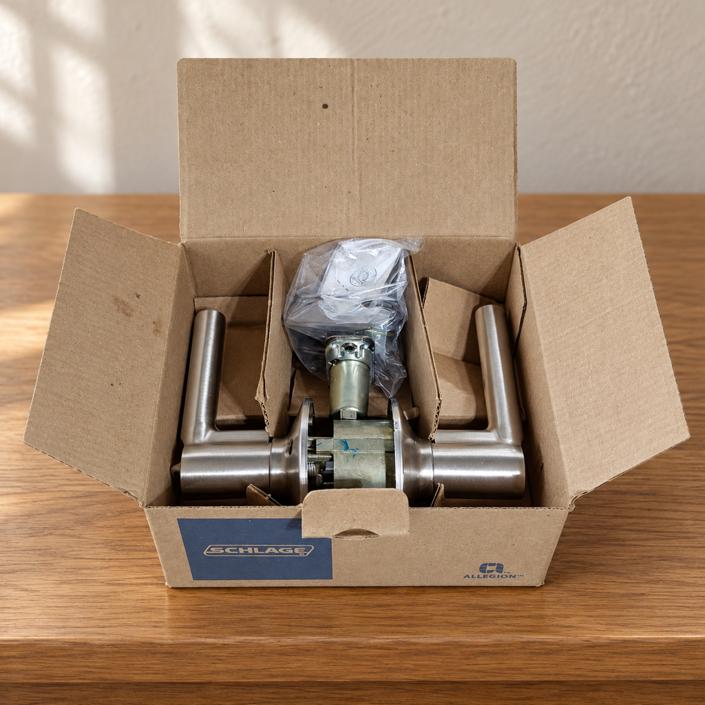 Schlage Broadway satin nickel lever pair in its open box on an oak console