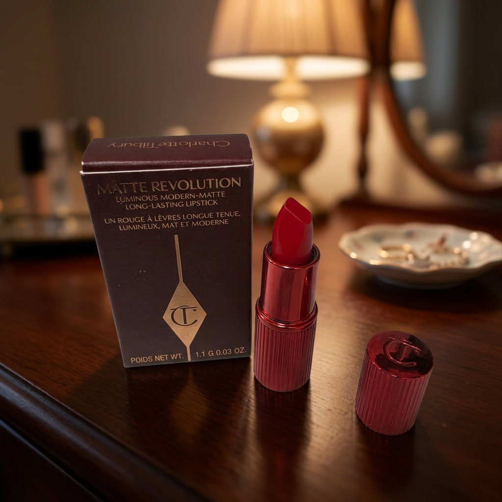 Charlotte Tilbury Hollywood Vixen 1.1 g mini lipstick, cap and original box on a evening dressing table, AI-assisted lifestyle illustration.