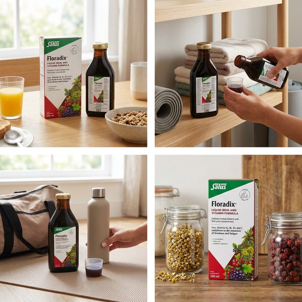 image of the Floradix box and a filled dosing cup on a light-oak breakfast table, in soft morning light, next to a glass of orange juice and a bowl of fresh fruit.