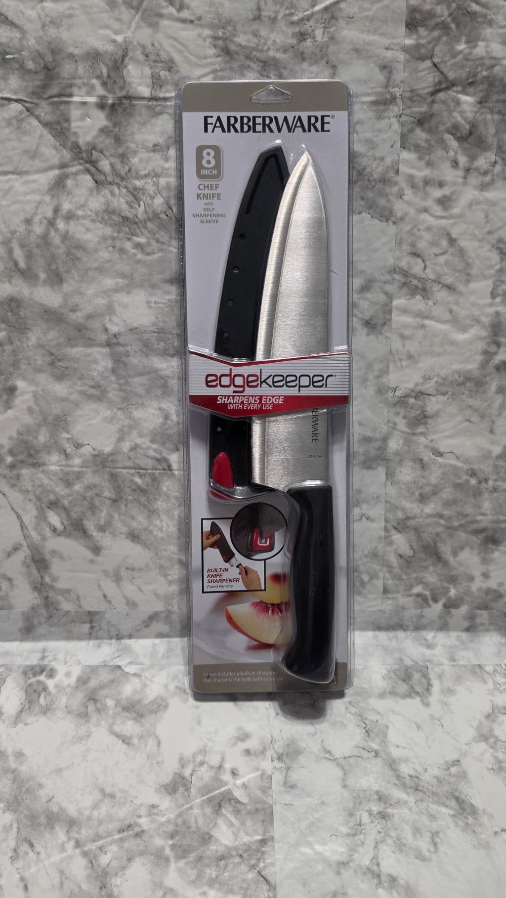 Actual Farberware EdgeKeeper 8-inch chef knife and sharpening sleeve in original retail packaging