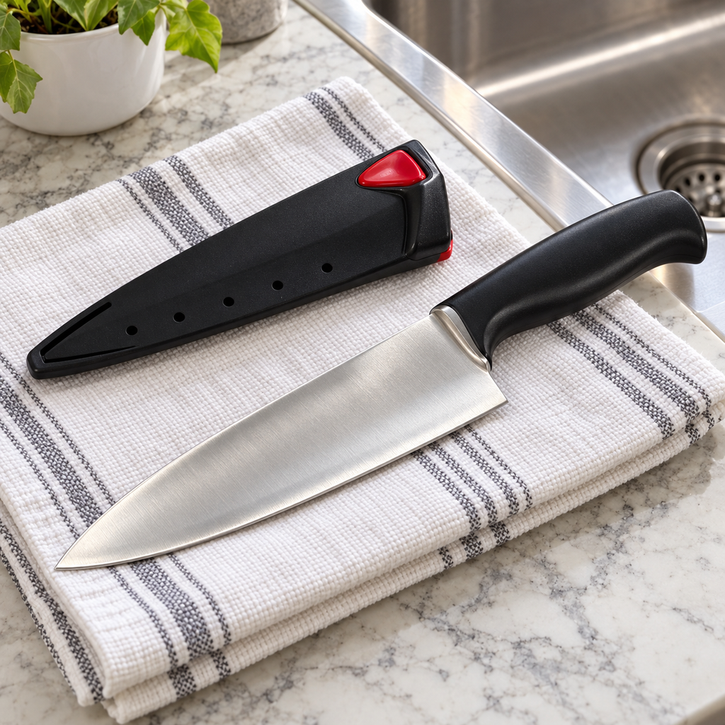 Farberware chef knife and sharpening sleeve on a dry towel beside a kitchen sink