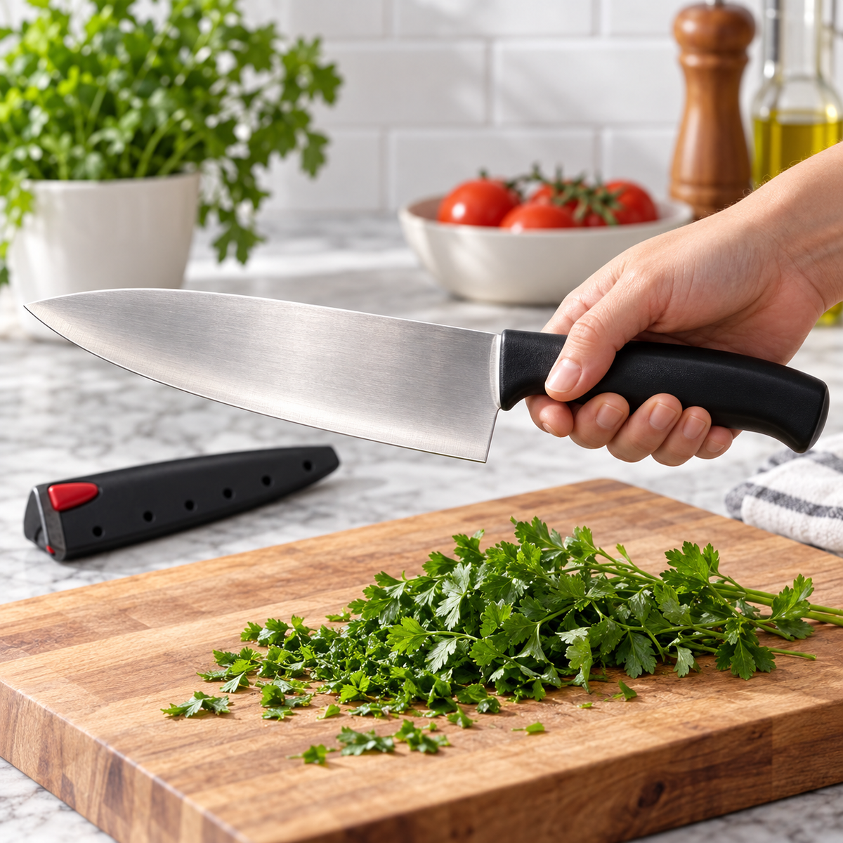 Adult holding Farberware chef knife by its black ergonomic handle above a chopping board