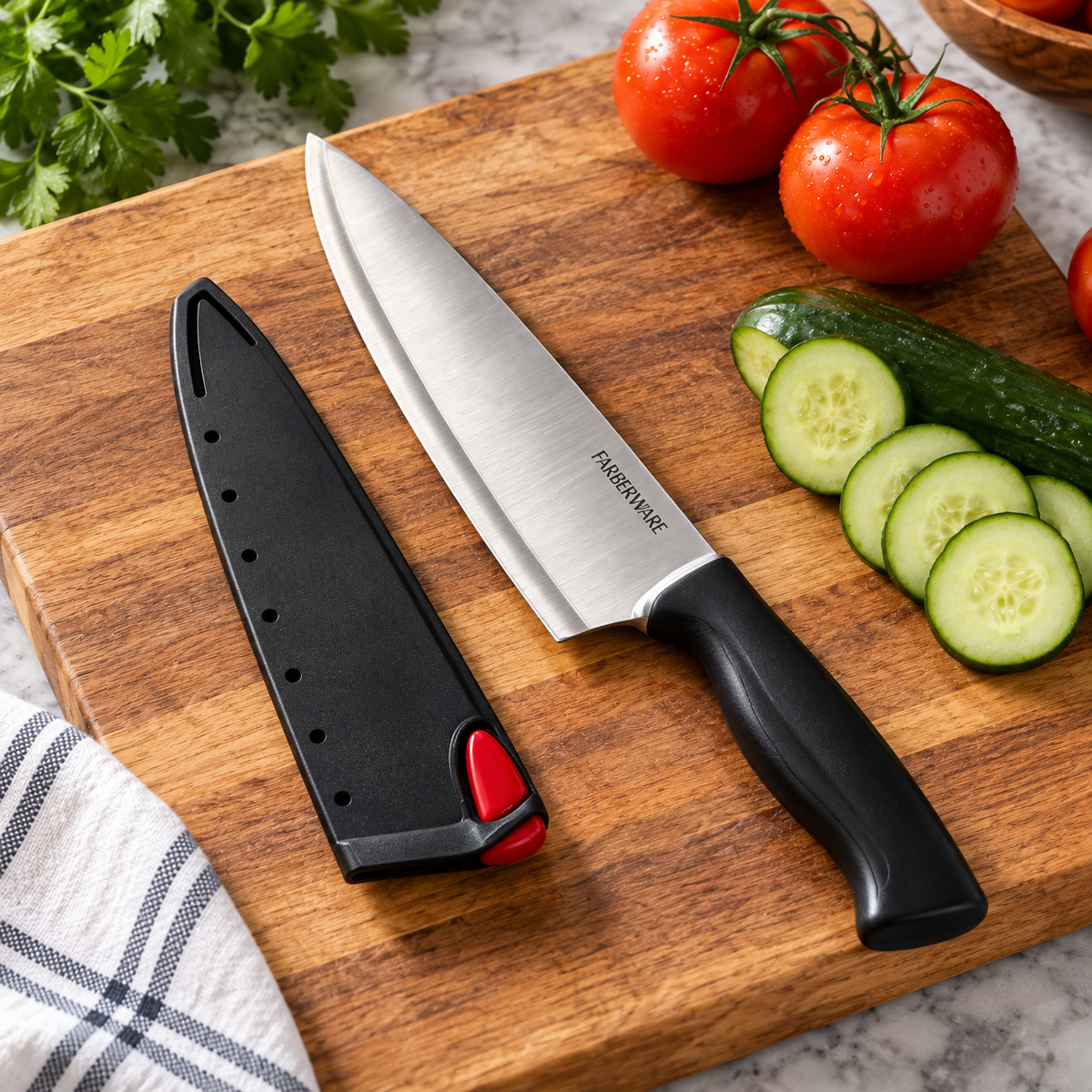 Farberware EdgeKeeper chef knife and sharpening sleeve beside vegetables on a cutting board