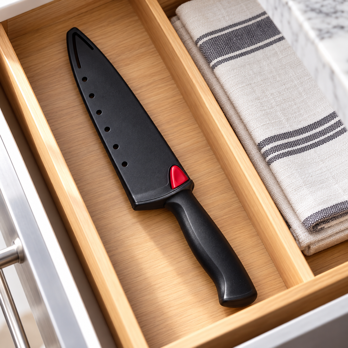 Farberware chef knife protected by its black and red EdgeKeeper sleeve in a kitchen drawer
