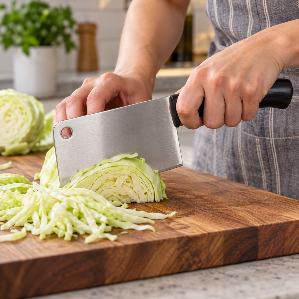 Cutting cabbage on a wooden board with a Farberware EdgeKeeper cleaver
