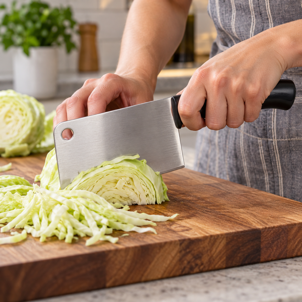 Cutting cabbage on a wooden board with a Farberware EdgeKeeper cleaver