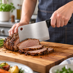 Slicing a cooked roast with a Farberware EdgeKeeper cleaver