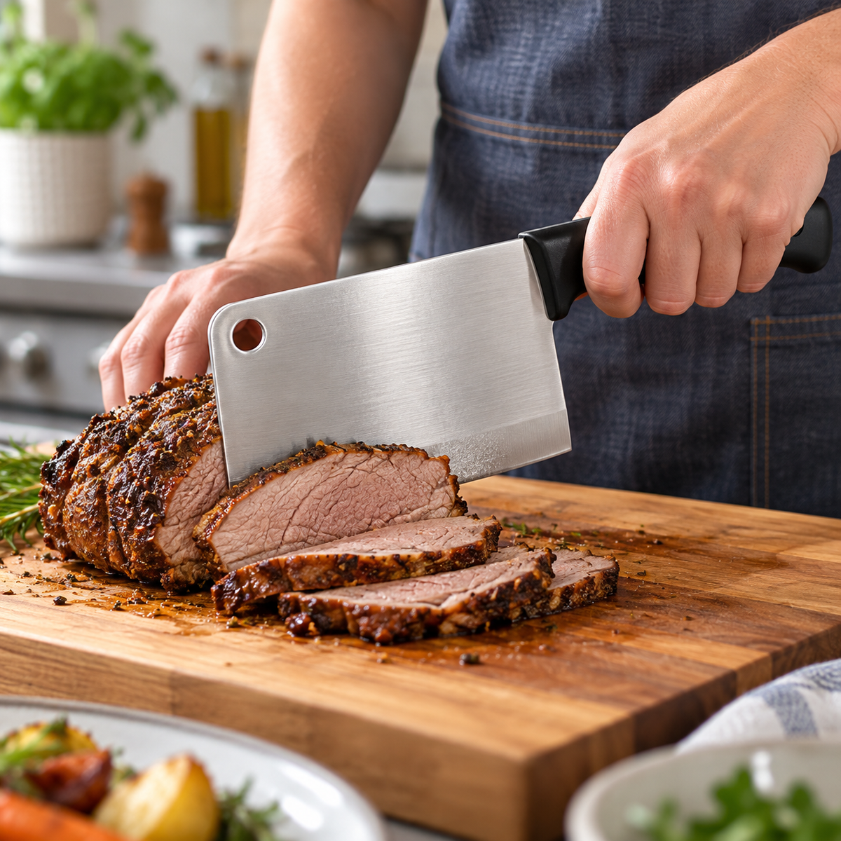 Slicing a cooked roast with a Farberware EdgeKeeper cleaver