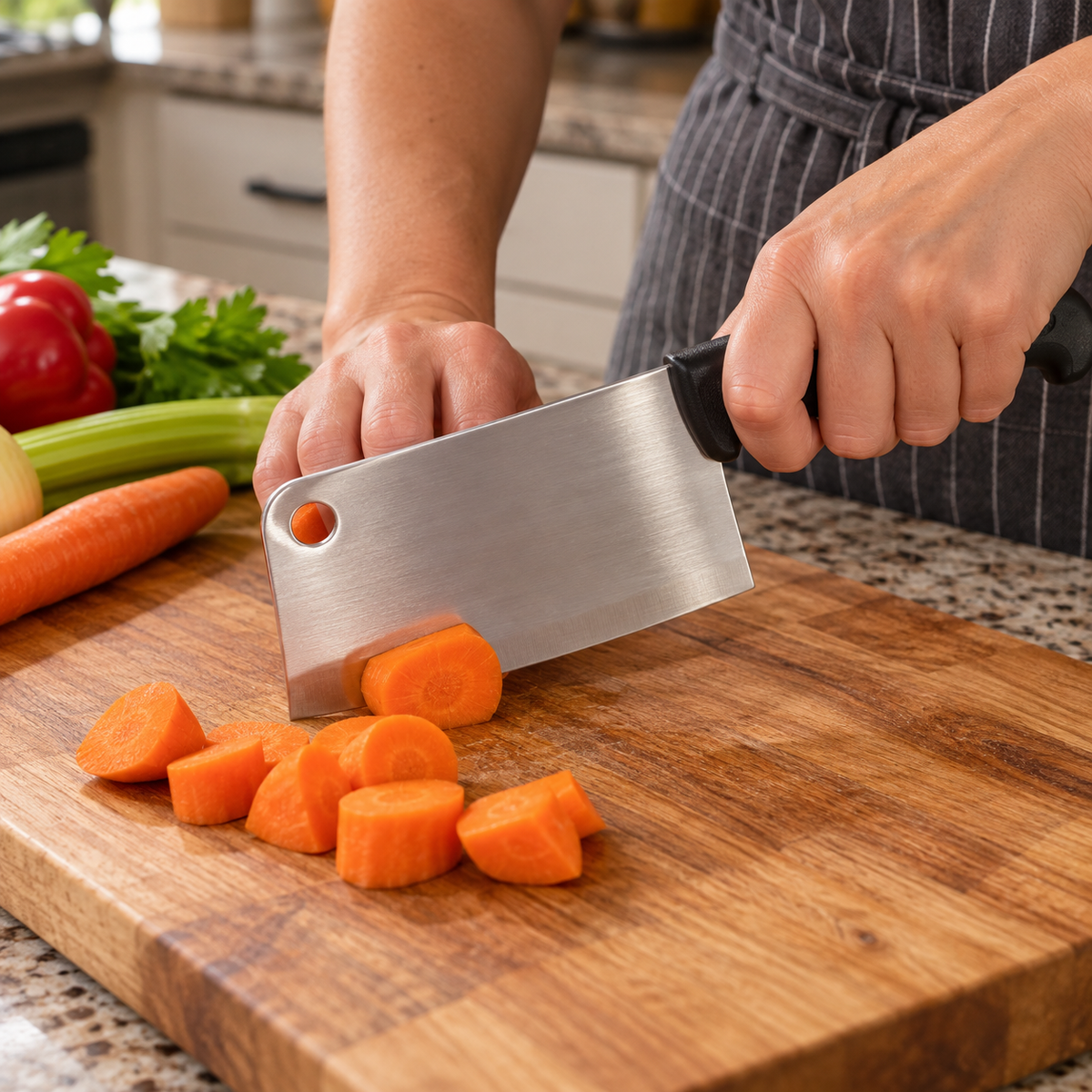 Chopping carrots with a Farberware EdgeKeeper six-inch cleaver
