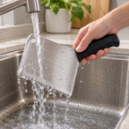 Rinsing a Farberware EdgeKeeper cleaver after kitchen prep