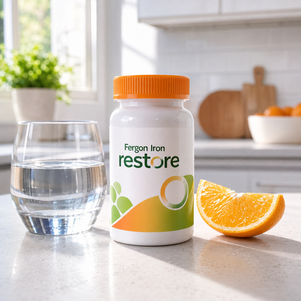 AI-generated context image of Fergon Iron Restore orange chewable tablets with water and orange slice