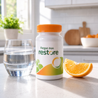 AI-generated context image of Fergon Iron Restore orange chewable tablets with water and orange slice