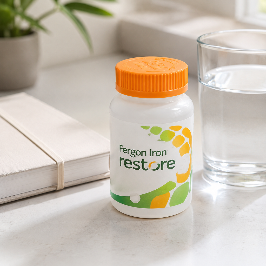 AI-generated context image of Fergon Iron Restore orange chewable tablets with water and a closed planner
