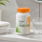 AI-generated context image of Fergon Iron Restore orange chewable tablets on a neutral wellness shelf with water