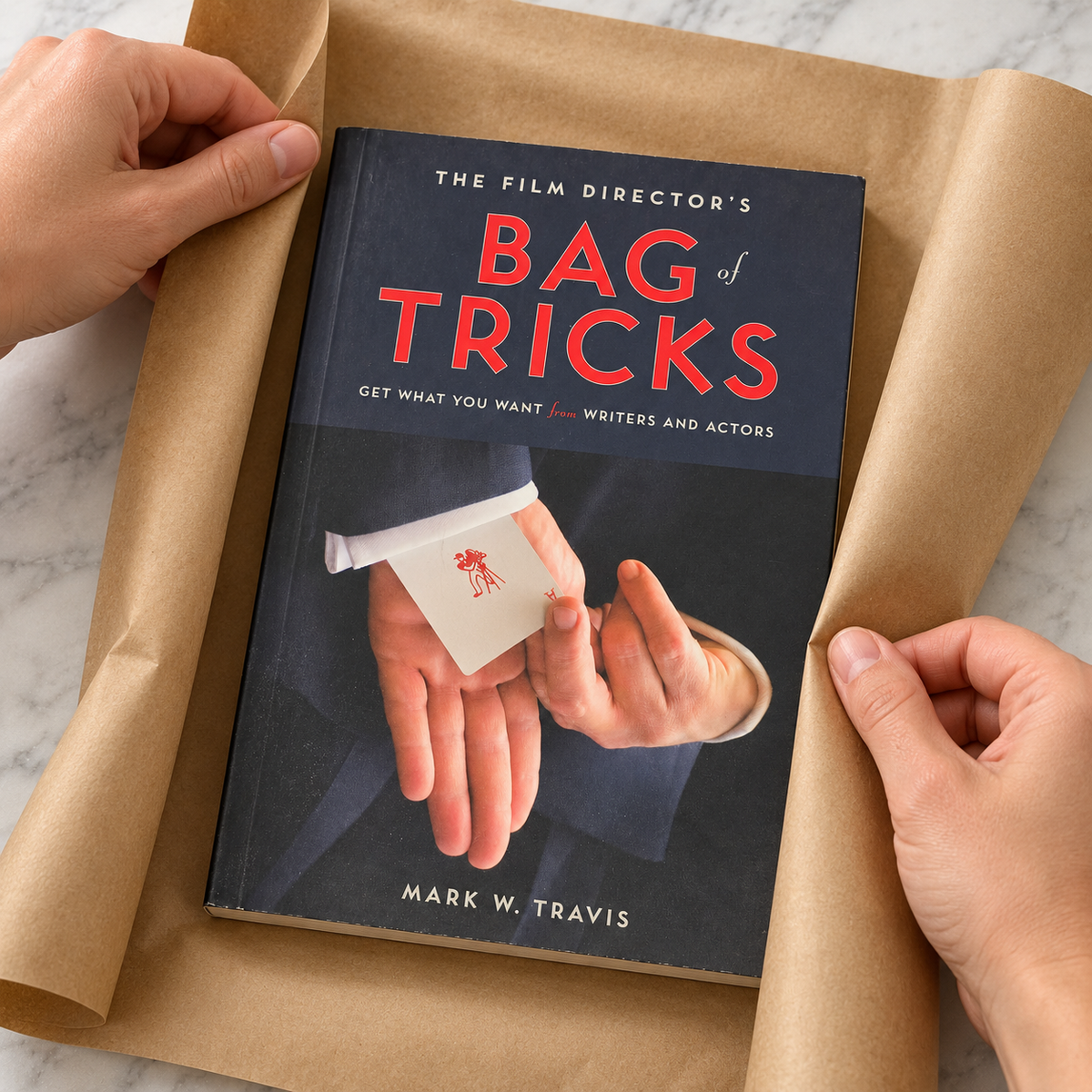 Mark W. Travis The Film Director's Bag of Tricks paperback in an AI-generated gift scene; props not included