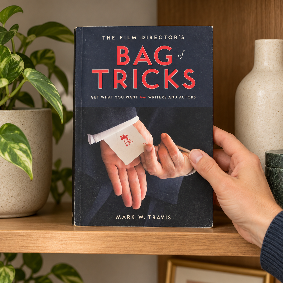 Mark W. Travis The Film Director's Bag of Tricks paperback in an AI-generated shelf scene; props not included