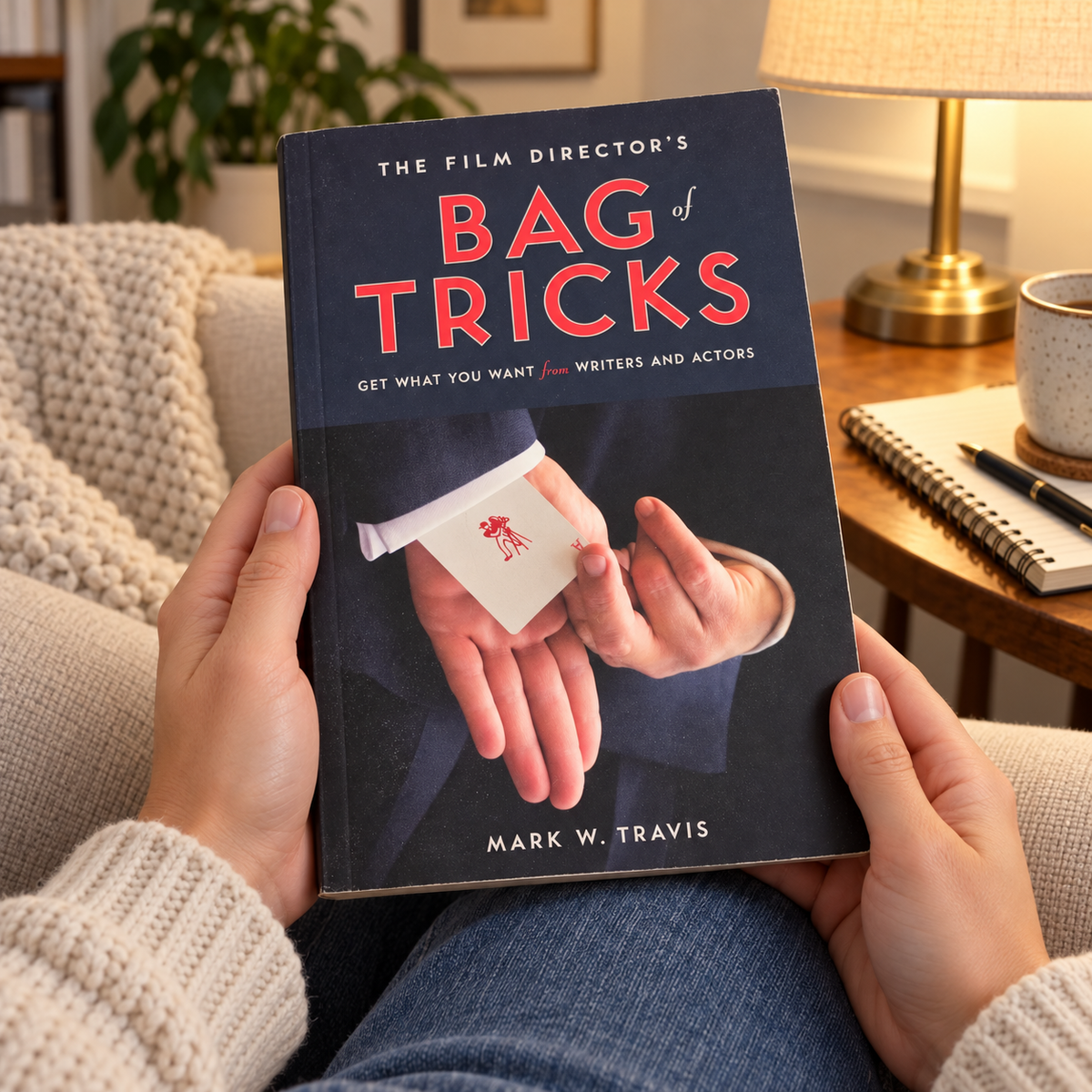 Mark W. Travis Film Director's Bag of Tricks paperback held closed in an AI-generated reading context
