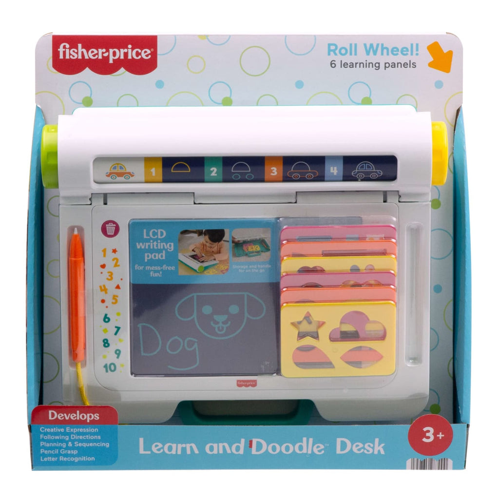 Fisher-Price Learn and Doodle Desk in retail packaging with six stencils and orange stylus.