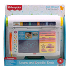 Fisher-Price Learn and Doodle Desk in retail packaging with six stencils and orange stylus.
