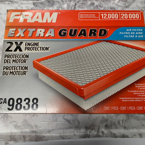 Actual FRAM CA9838 box front, new in box with visible shelf wear