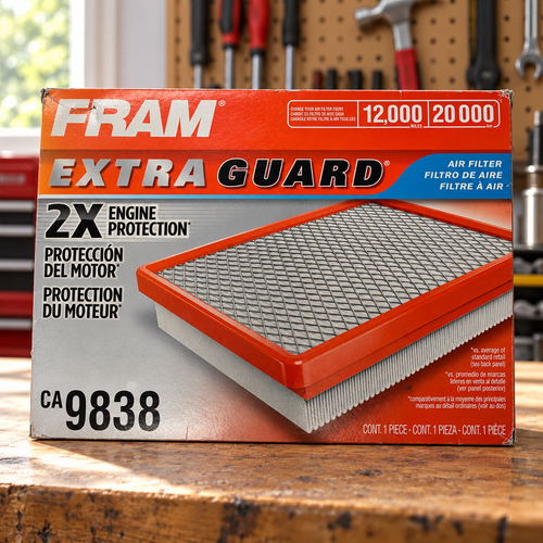 FRAM CA9838 Extra Guard box in a home garage lifestyle scene; AI-staged composite.