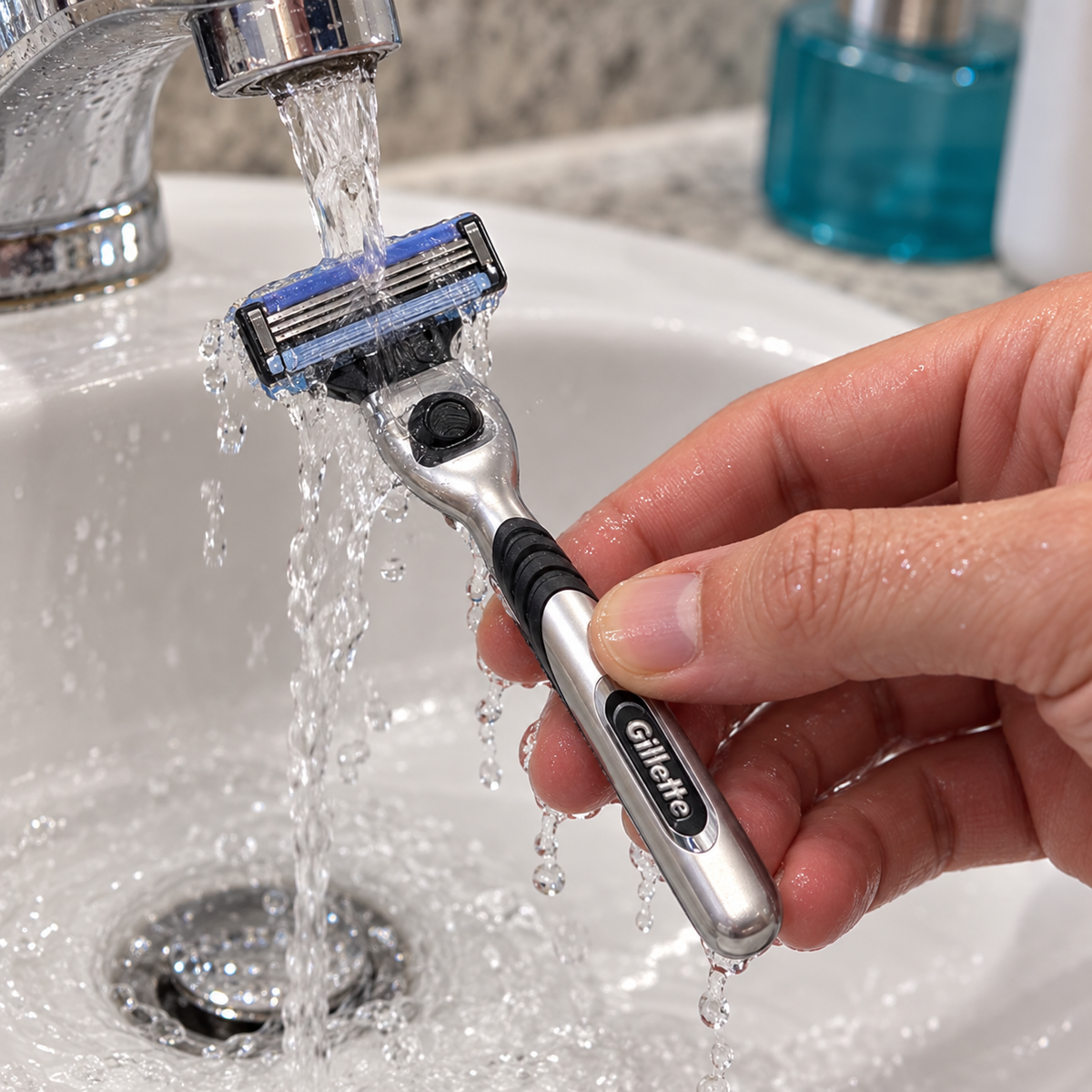 Rinsing the three-blade head of a MACH3 Fresh Clean razor under a tap