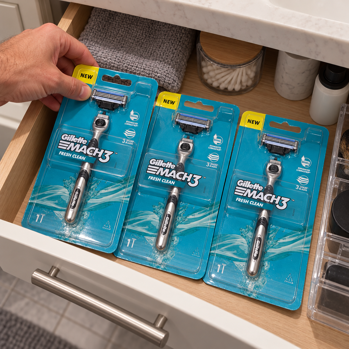 Organizing three MACH3 Fresh Clean retail packs in a bathroom drawer
