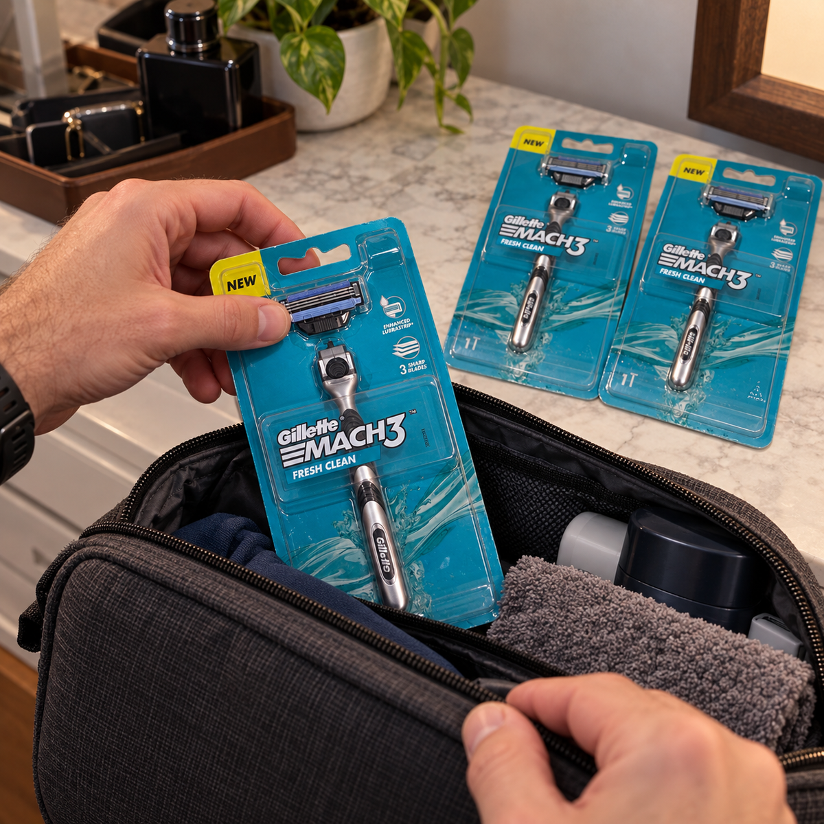 Packing a MACH3 Fresh Clean razor for travel with two spare packs nearby