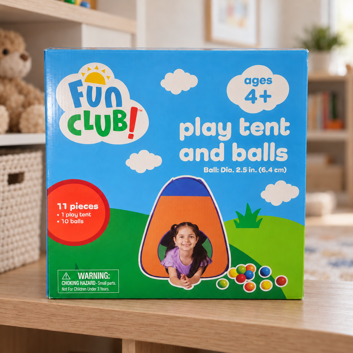 AI-generated lifestyle illustration of the closed Fun Club play tent and balls box on a playroom shelf