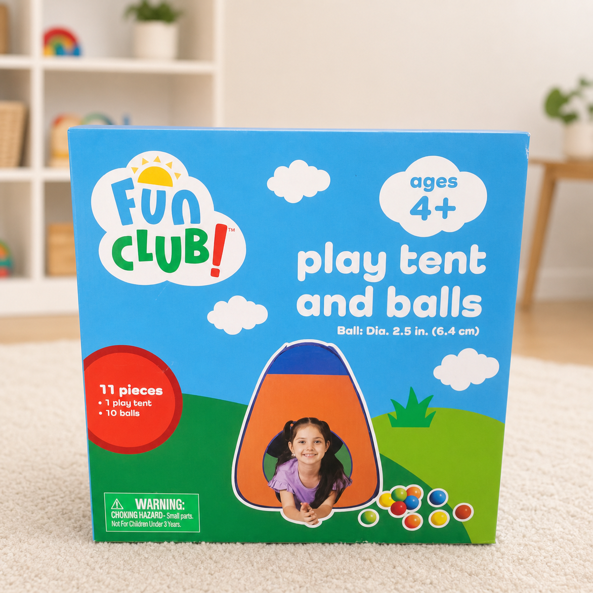 Fun Club 11-piece play tent and balls retail box styled product image