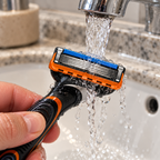 New-design Gillette Fusion5 cartridge with a slotted orange guard being rinsed after shaving.