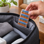 Four new-design Gillette Fusion5 cartridges in their protective tray being packed in a toiletry bag.