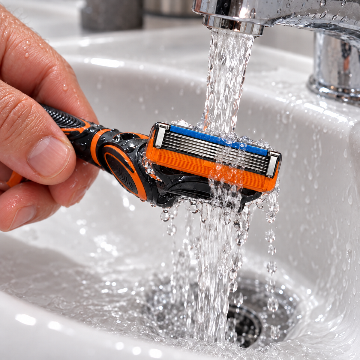 Old-design Gillette Fusion5 cartridge rinsed under a bathroom tap on a compatible handle.