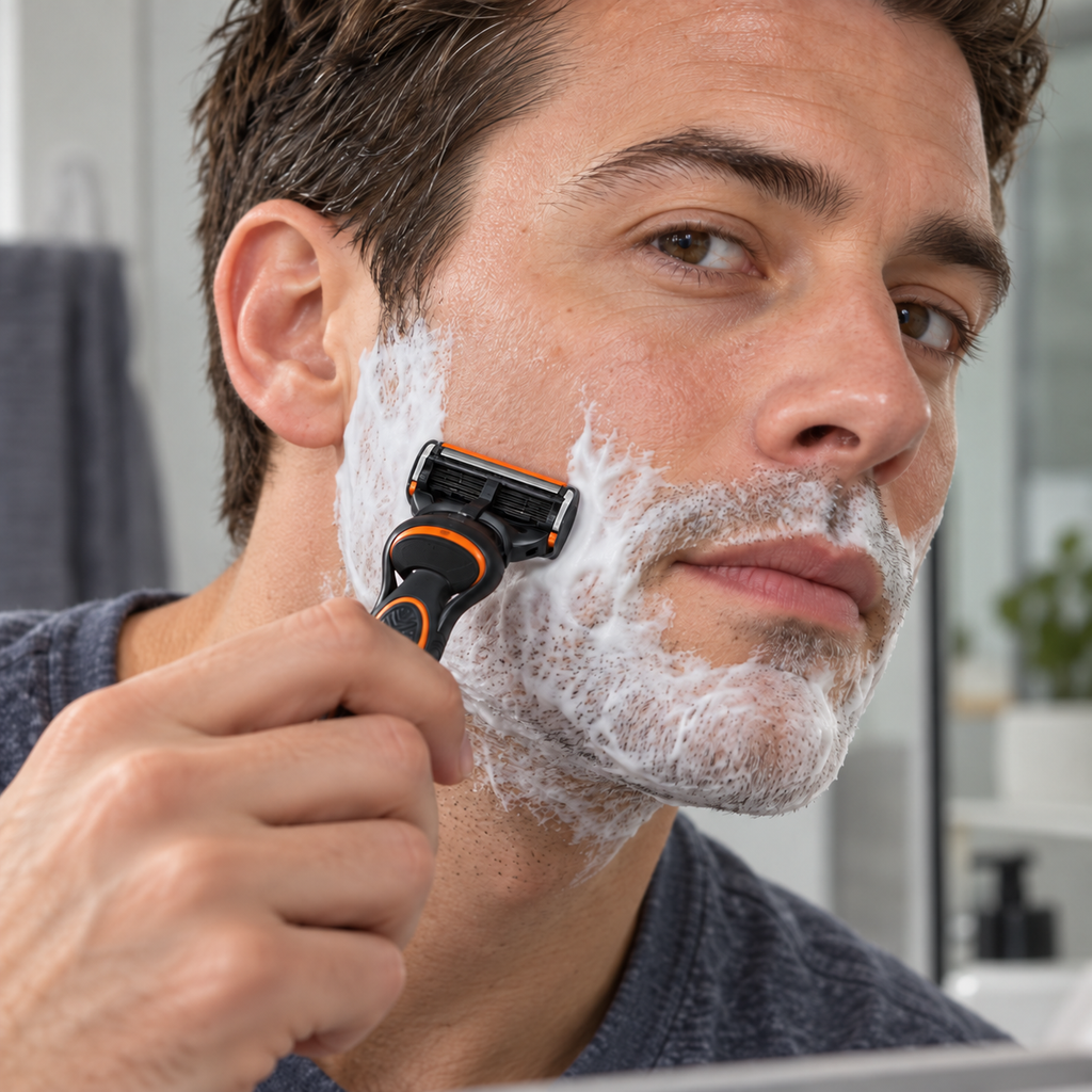 An adult shaving his cheek with an old-design Gillette Fusion5 cartridge on a compatible handle.