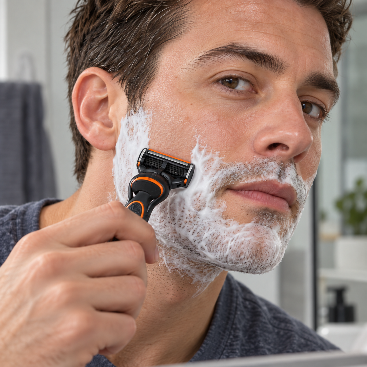 An adult shaving his cheek with an old-design Gillette Fusion5 cartridge on a compatible handle.
