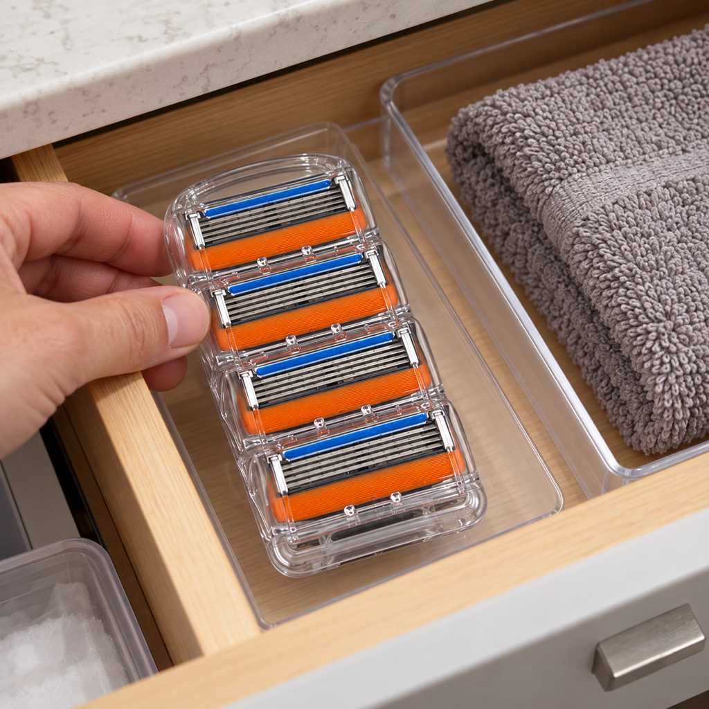 Four old-design Gillette Fusion5 refills in their protective tray being placed in a bathroom drawer.