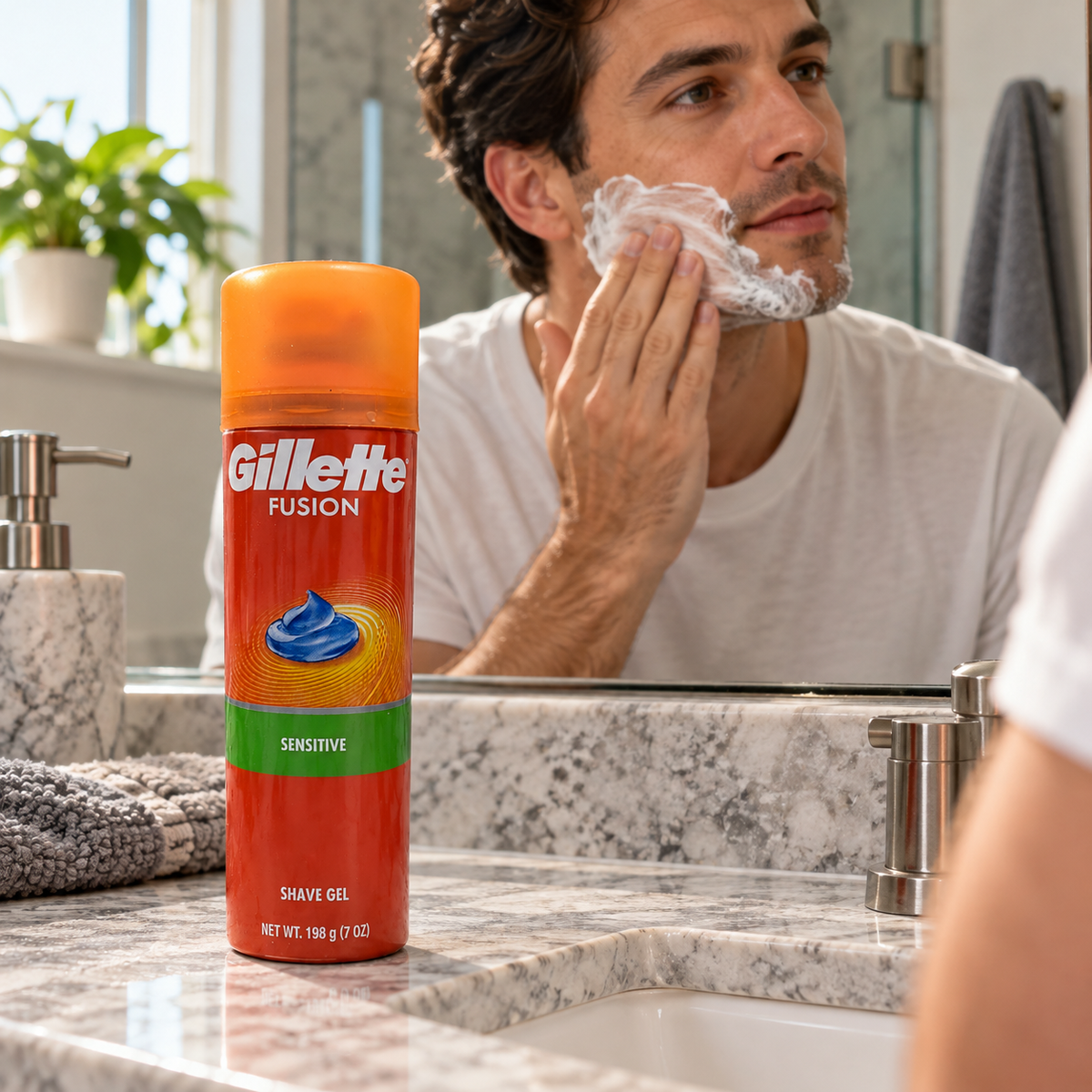 Applying shaving lather with the Fusion Sensitive can beside the sink