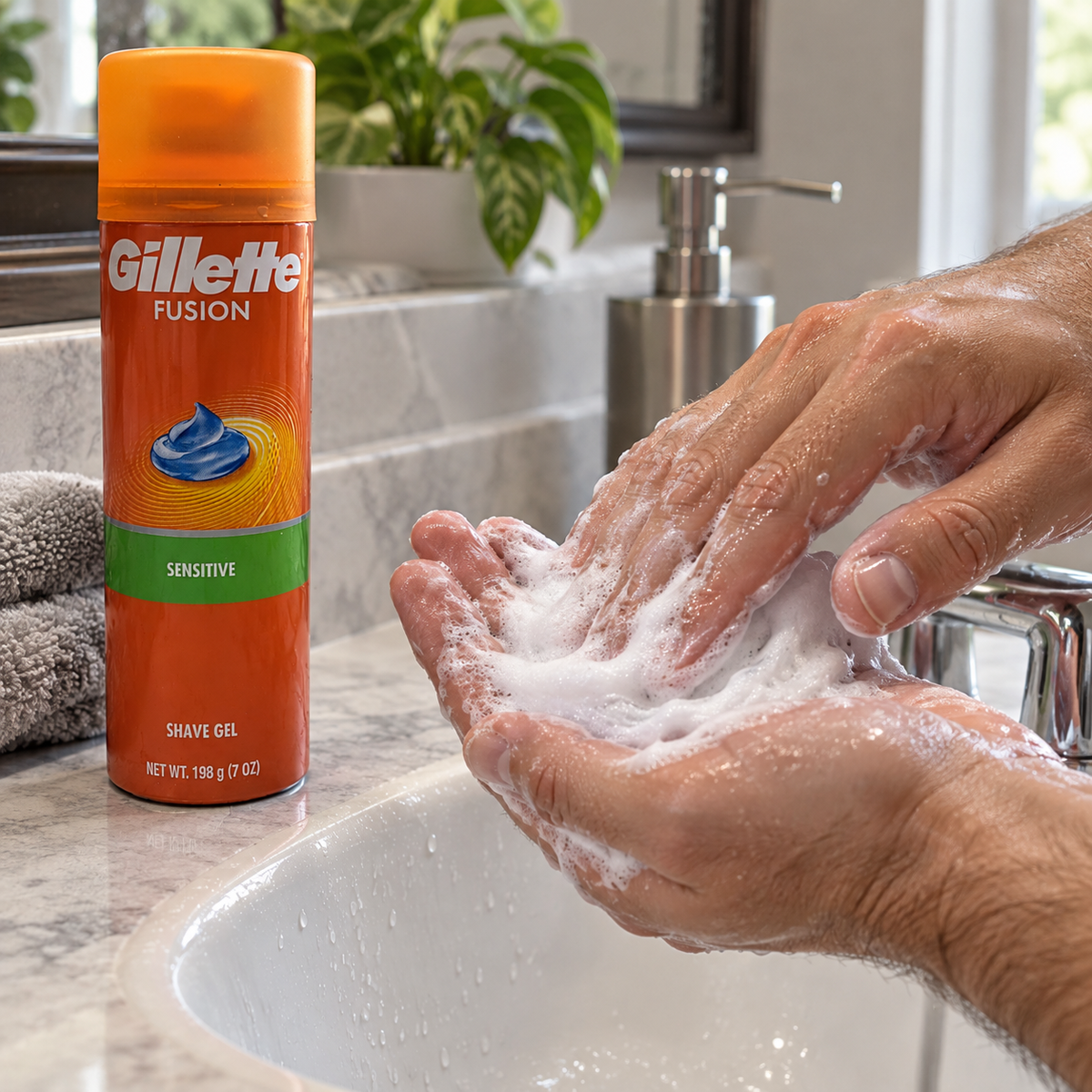 Working shave gel into lather over a bathroom basin