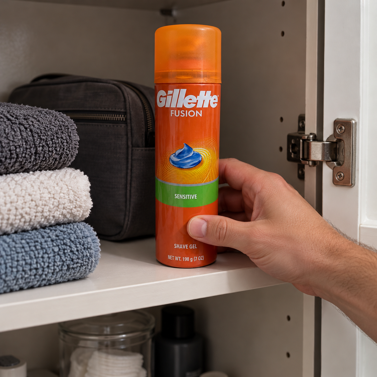 Putting the capped Fusion Sensitive can away in a bathroom cabinet