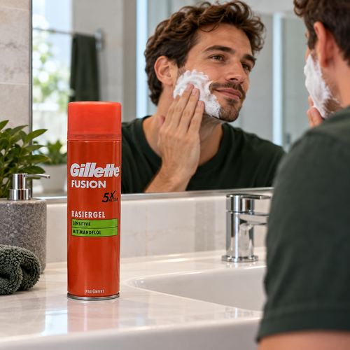 Applying shaving lather with the European Fusion Sensitive can beside the sink