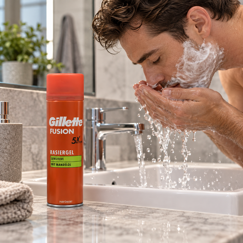 Rinsing after shaving with the orange Fusion Sensitive can on the counter