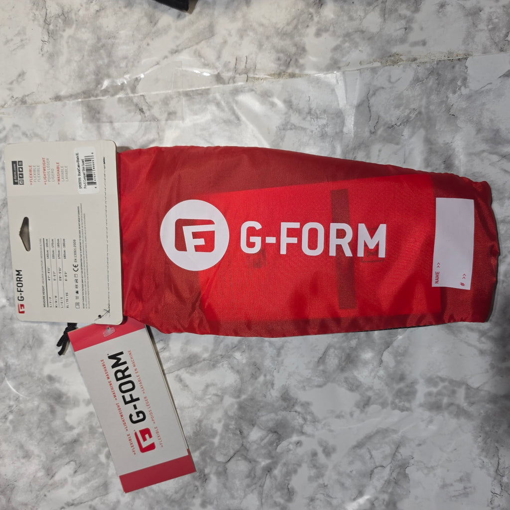 G-Form Pro-S Compact Shin Guards XL black red carry sleeve with back packaging and sizing chart